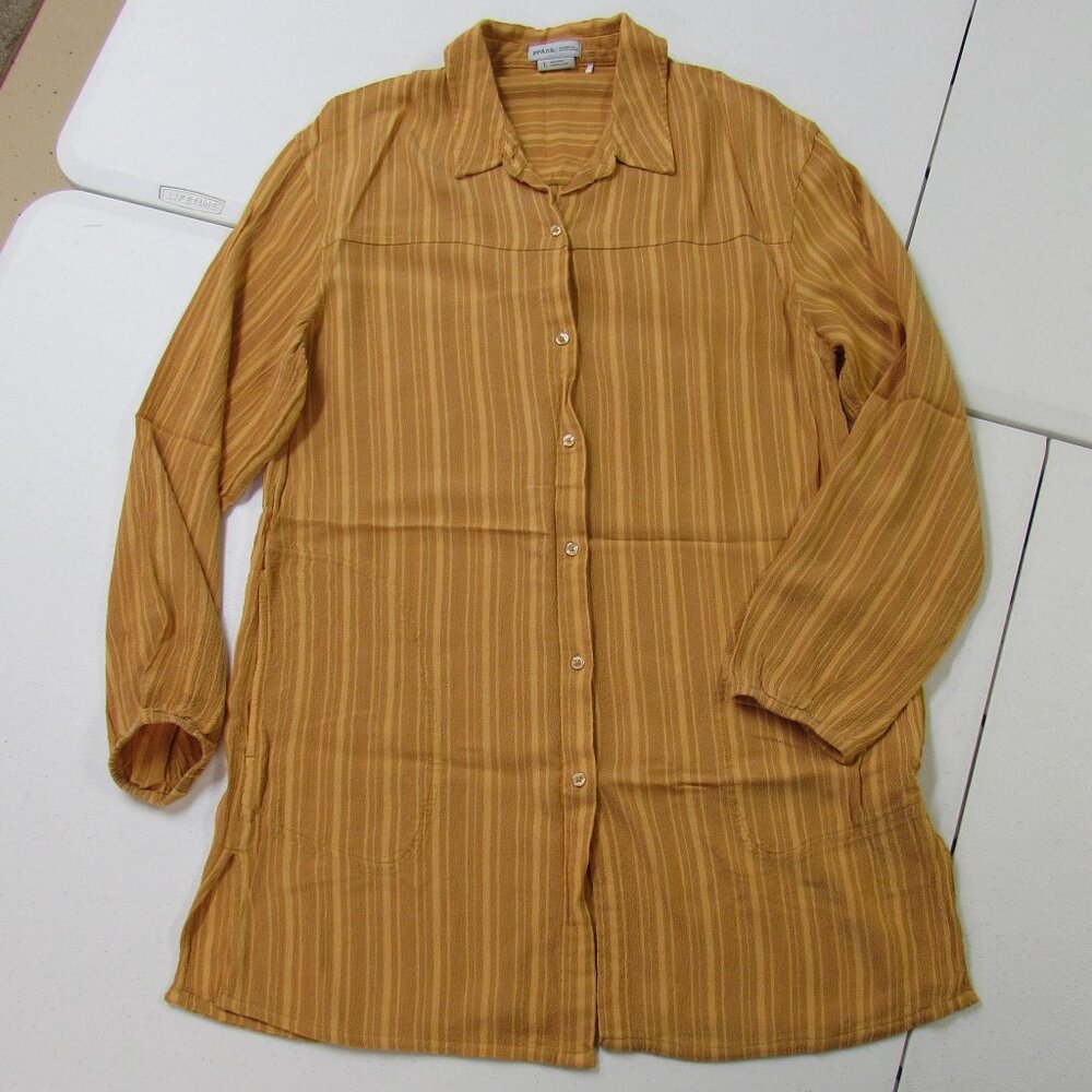 prANA Fernie Shirt Deep Solstice Stripe Button Down Tunic Pockets Size Large